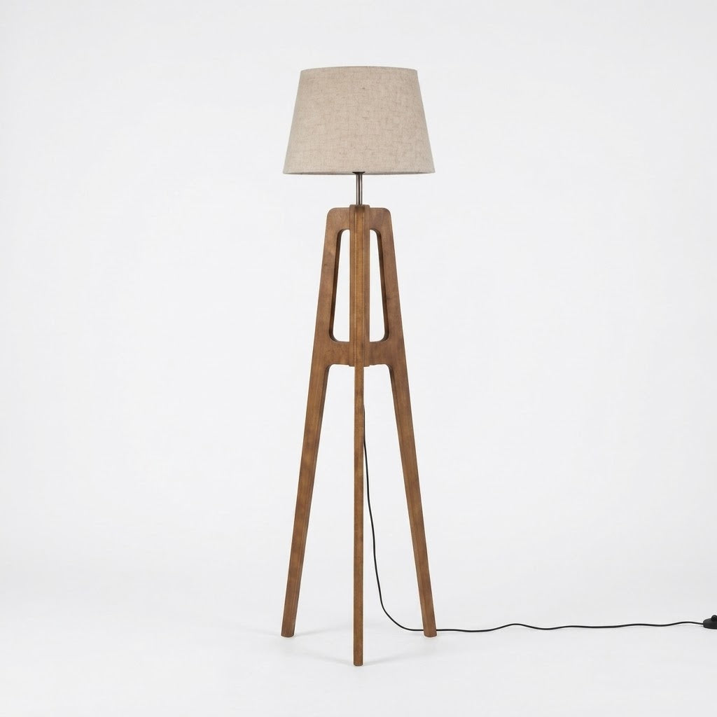Lampadaire Séléné trépied en bois et abat-jour en polyester 