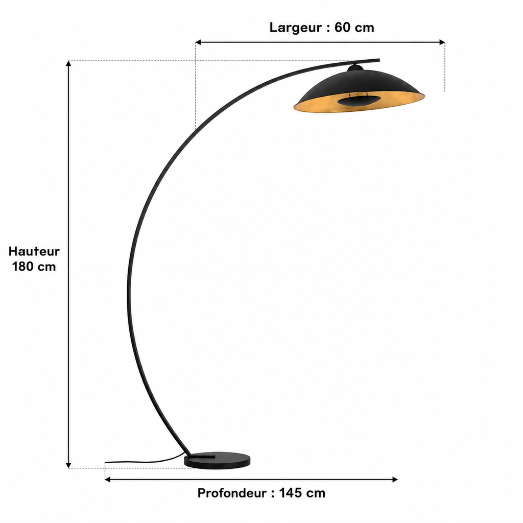 lampe à arc Emilienne, noir, doré, 180 cm