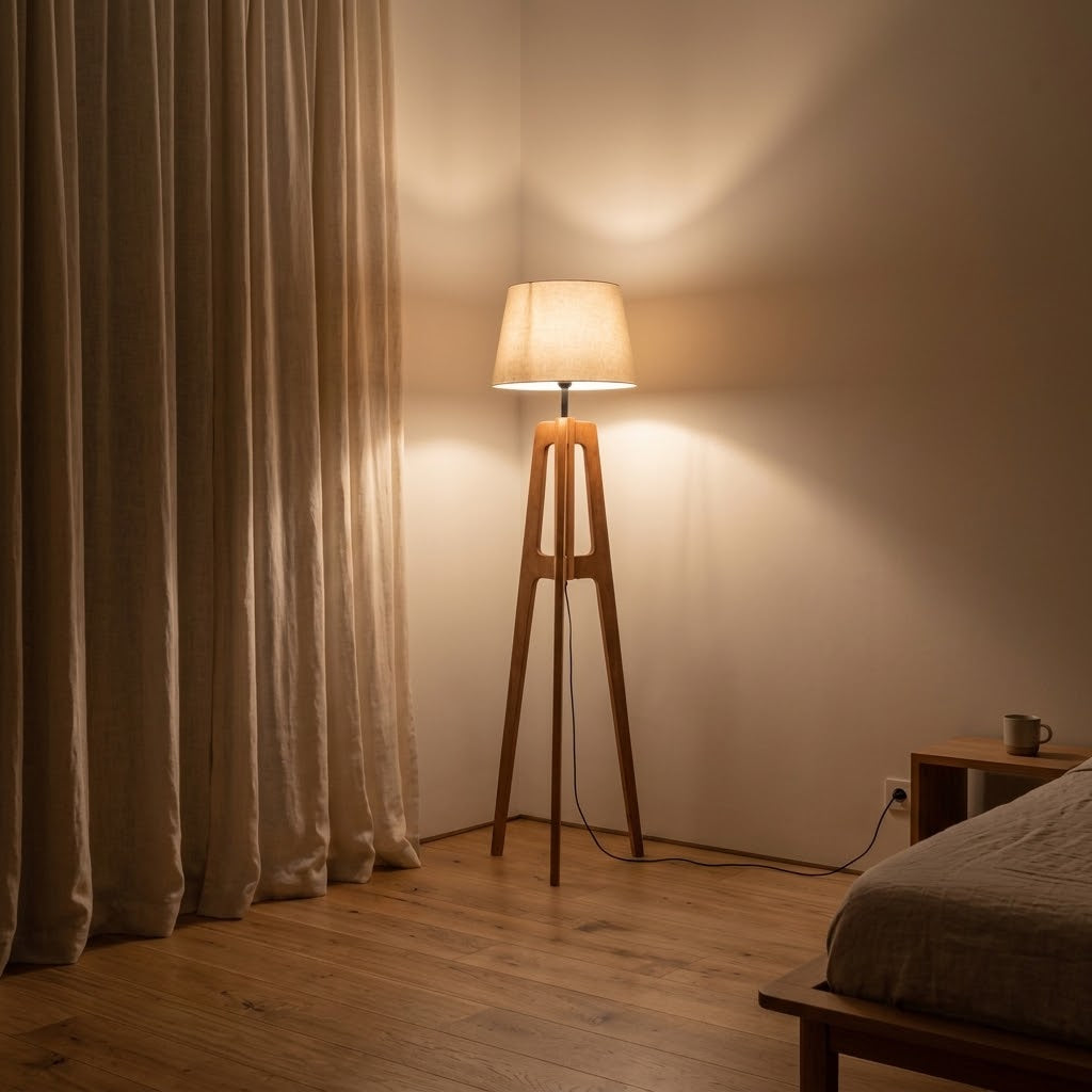 Lampadaire Séléné trépied en bois et abat-jour en polyester 