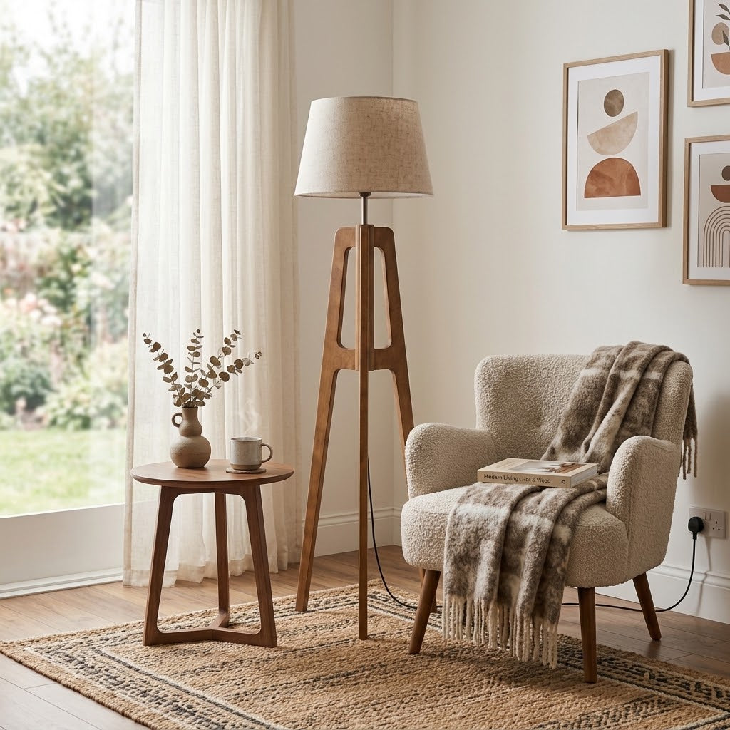 Lampadaire Séléné trépied en bois et abat-jour en polyester 