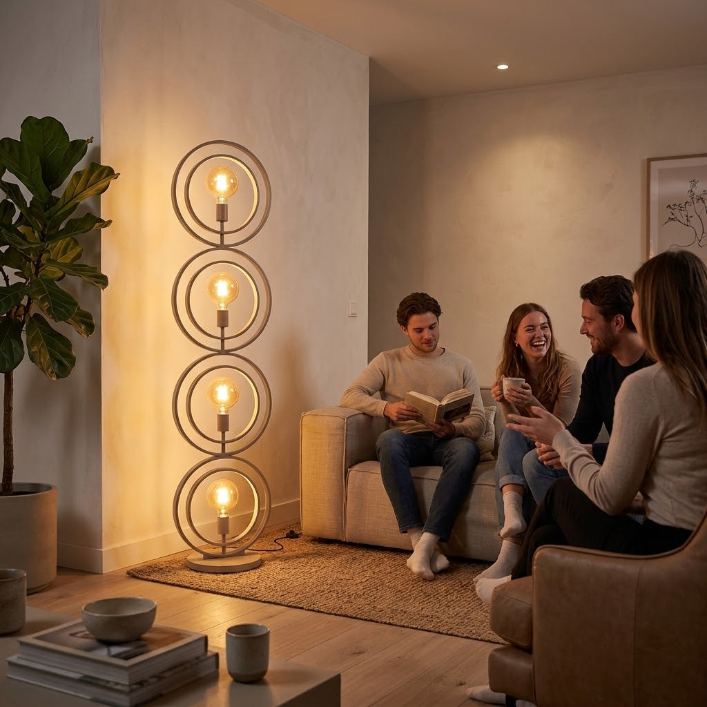 Lampadaire Boulia moderne beige 4 anneaux pivotants