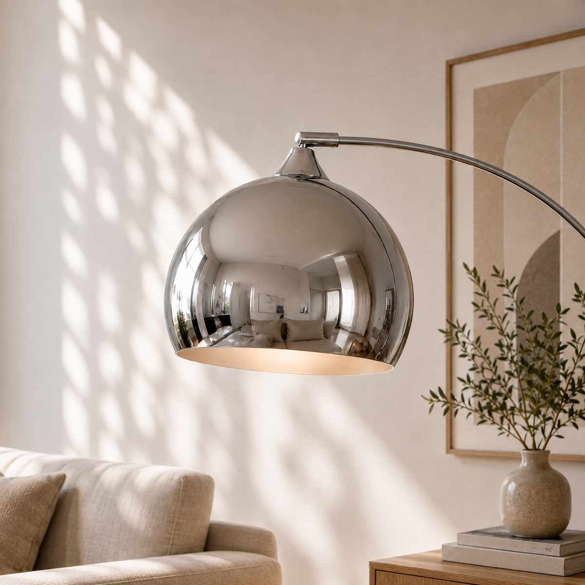 Lampadaire Céleste Arc Design Pied en Marbre & Réflecteur Chrome