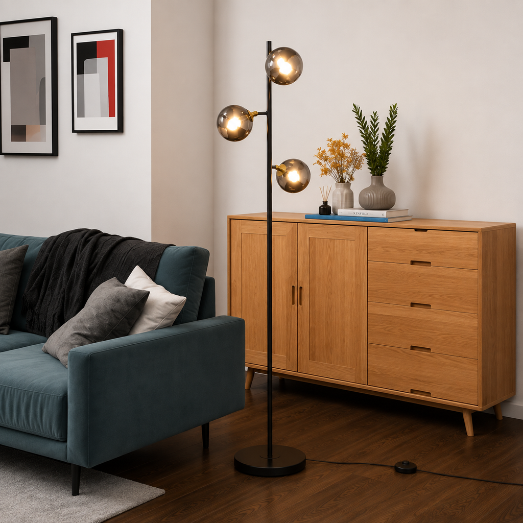 Lampadaire Solal Design 3 Globes Métal & Verre Fumée 162cm - Éclairage Salon