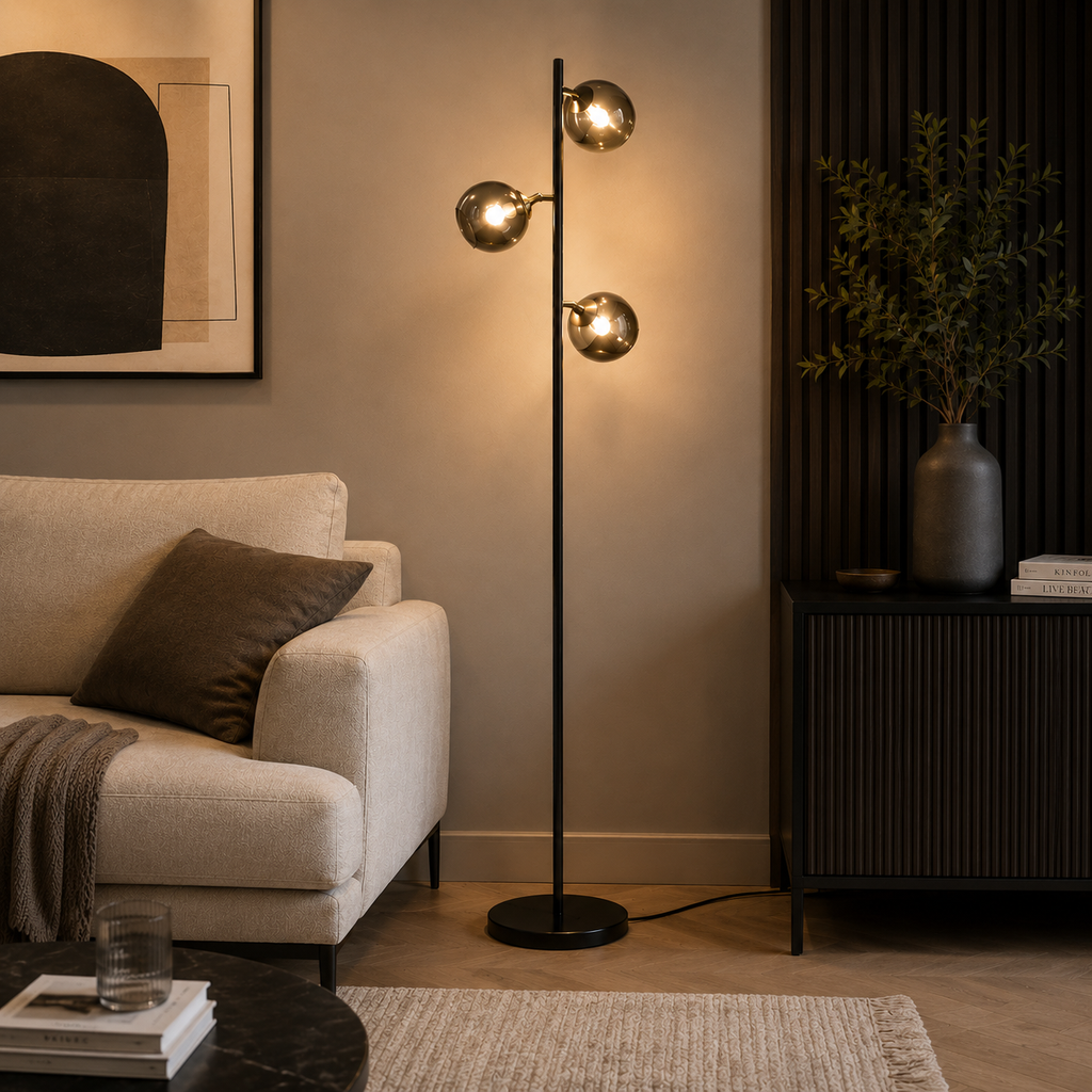Lampadaire Solal Design 3 Globes Métal & Verre Fumée 162cm - Éclairage Salon
