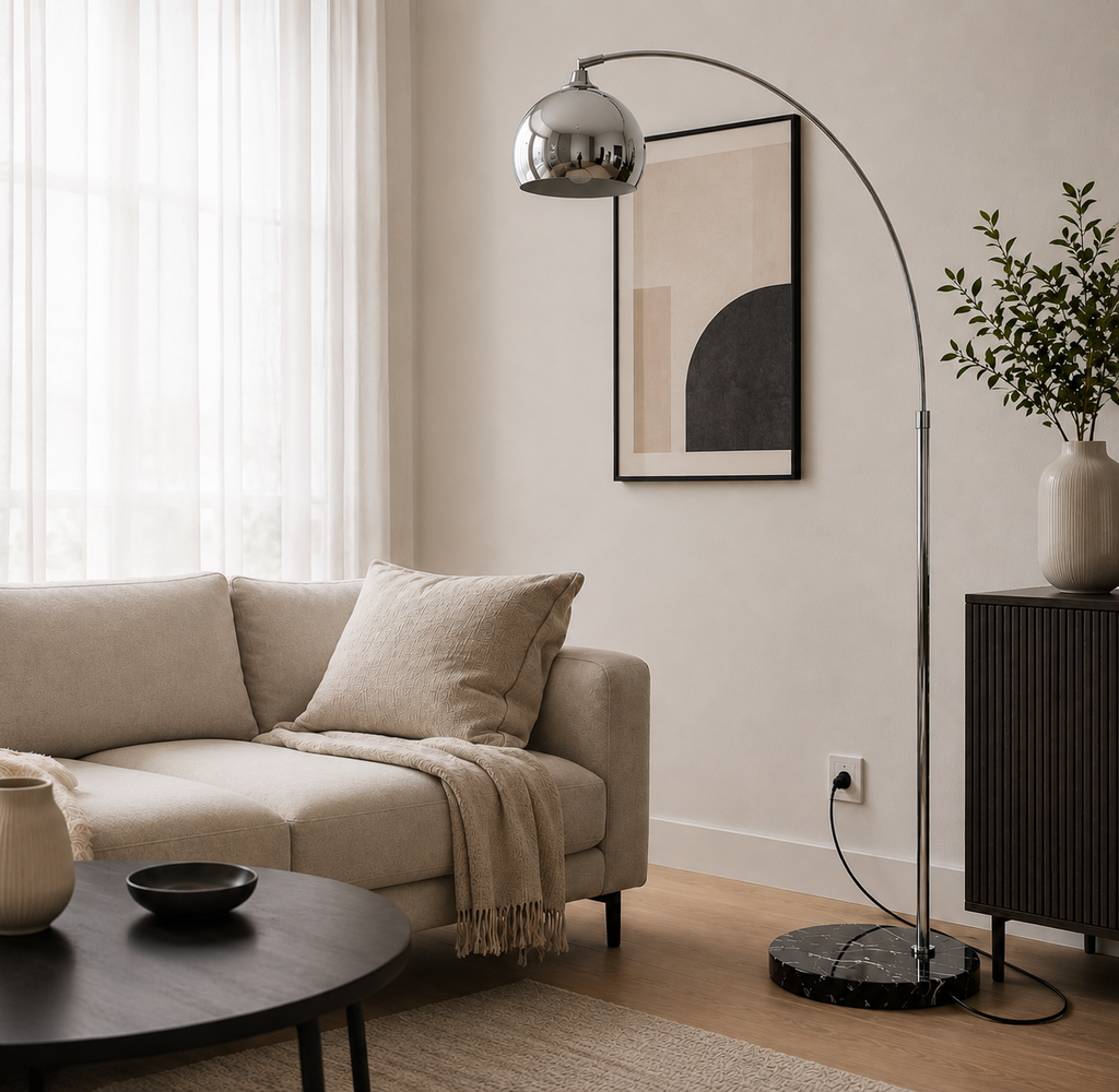 Lampadaire Céleste Arc Design Pied en Marbre & Réflecteur Chrome
