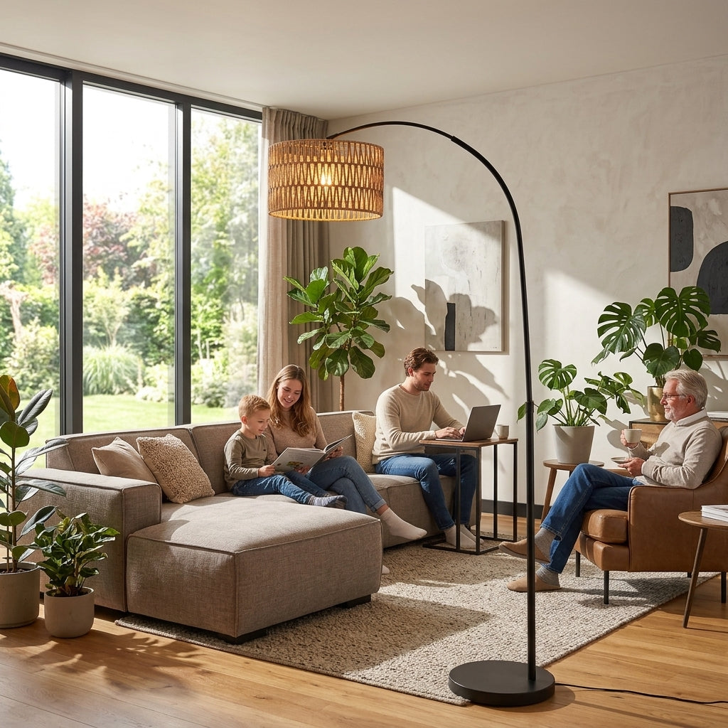 Lampadaire Naos style lanterne avec abat-jour en fibre de jute et pied en marbre