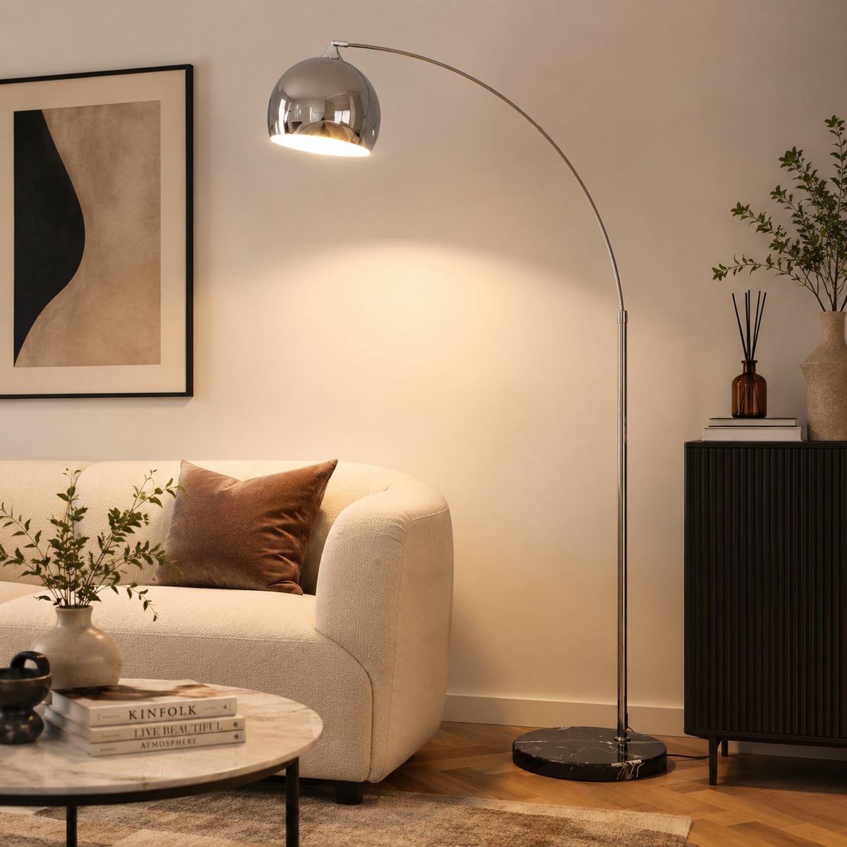 Lampadaire Céleste Arc Design Pied en Marbre & Réflecteur Chrome