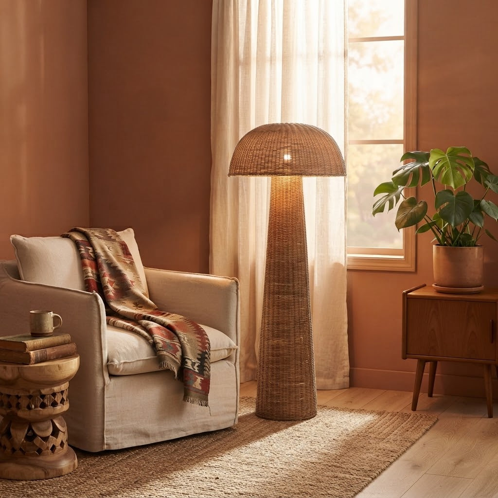 Lampe Rotin Champignon Naturel Tresser avec Pied