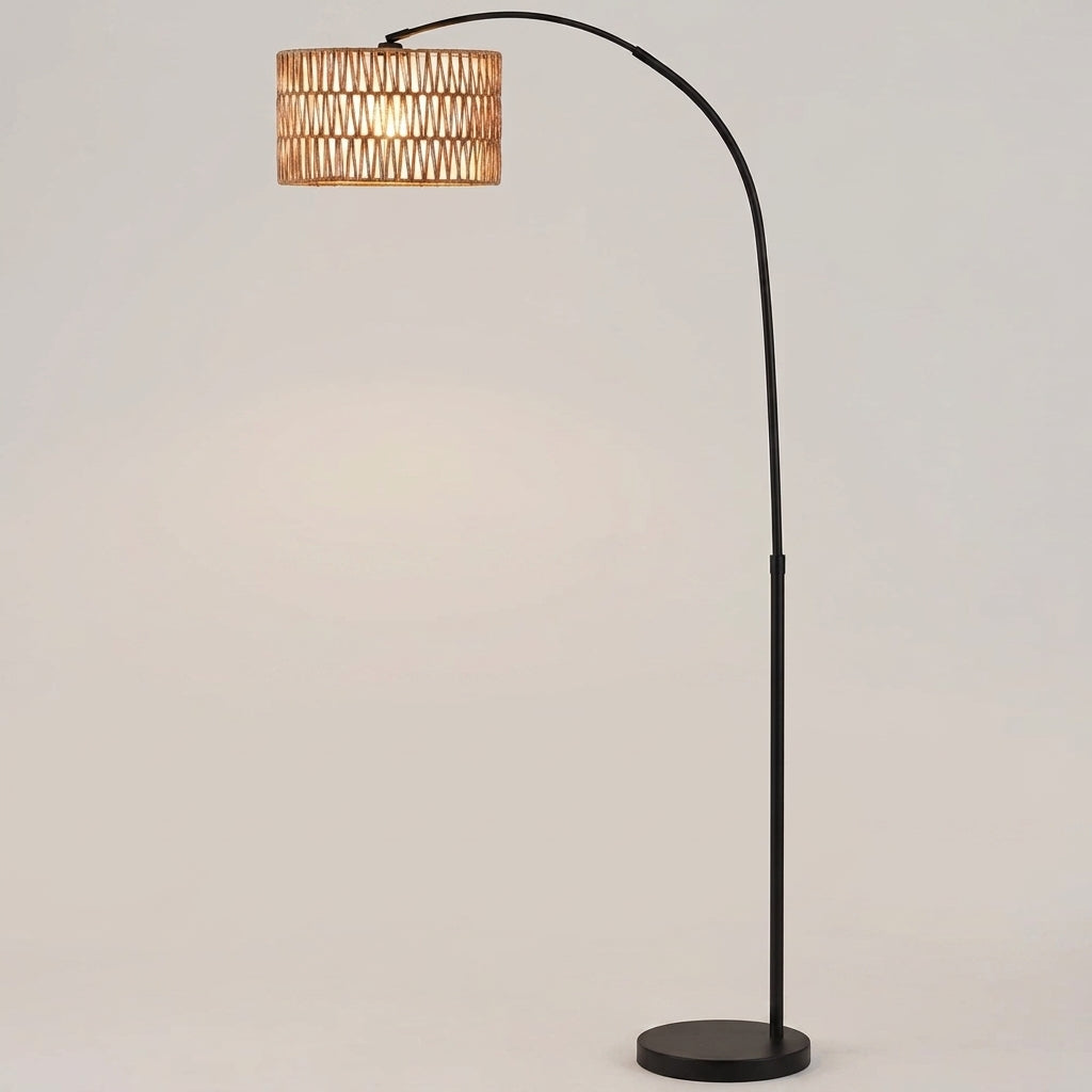 Lampadaire Naos style lanterne avec abat-jour en fibre de jute et pied en marbre