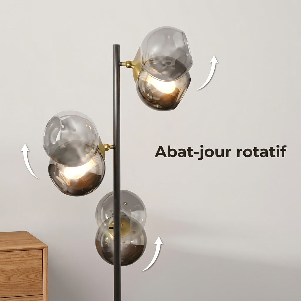 Lampadaire Solal Design 3 Globes Métal & Verre Fumée 162cm - Éclairage Salon
