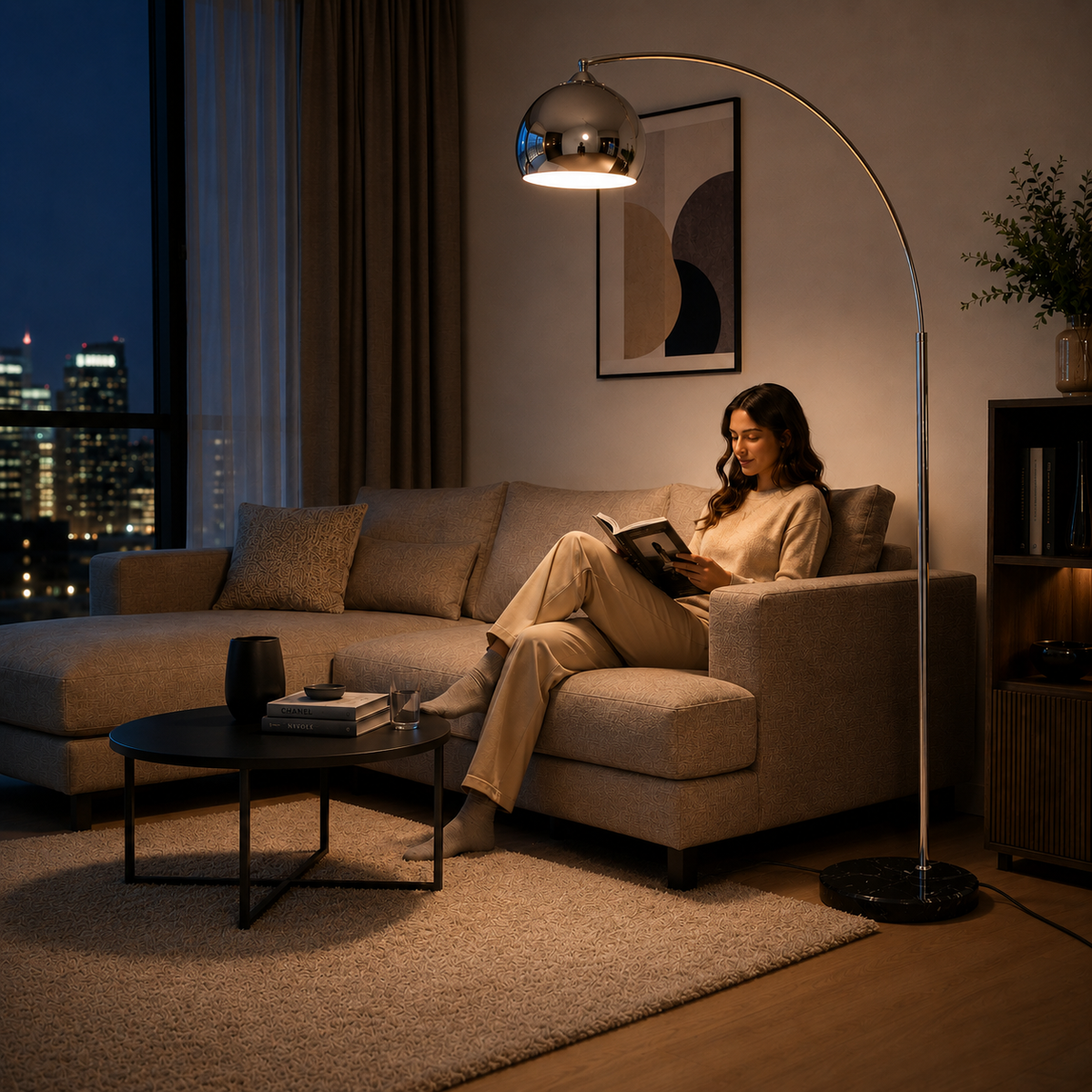 Lampadaire Céleste Arc Design Pied en Marbre & Réflecteur Chrome