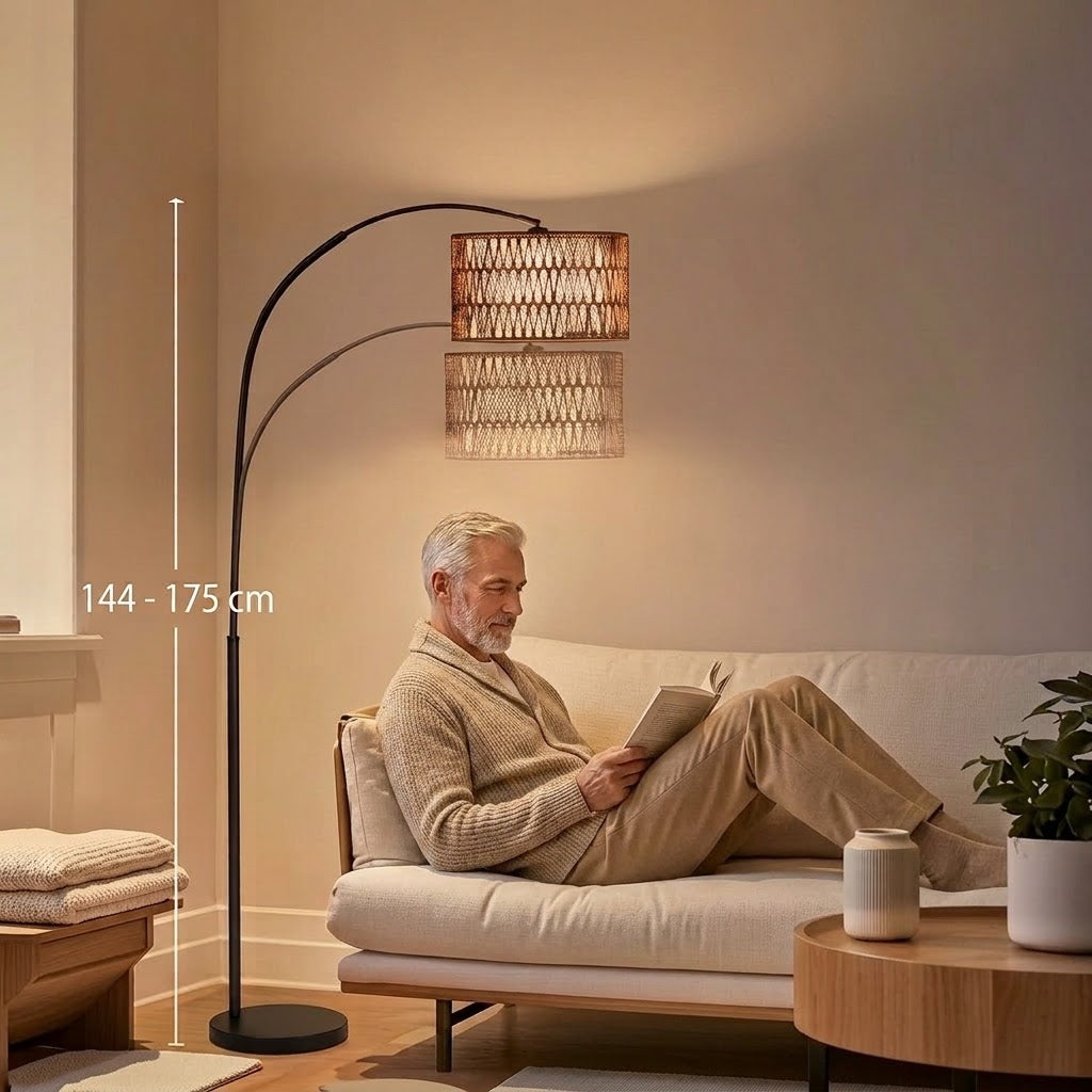 Lampadaire Naos style lanterne avec abat-jour en fibre de jute et pied en marbre