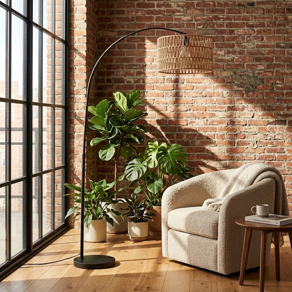 Lampadaire Naos style lanterne avec abat-jour en fibre de jute et pied en marbre