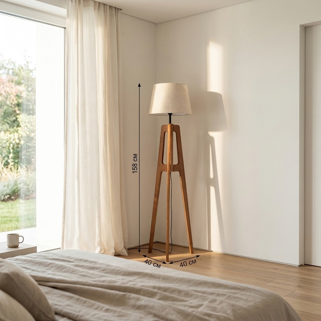 Lampadaire Séléné trépied en bois et abat-jour en polyester 