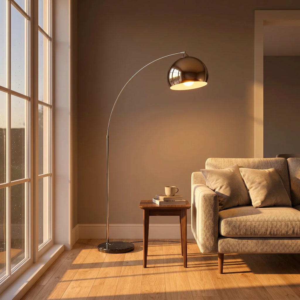 Lampadaire Céleste Arc Design Pied en Marbre & Réflecteur Chrome