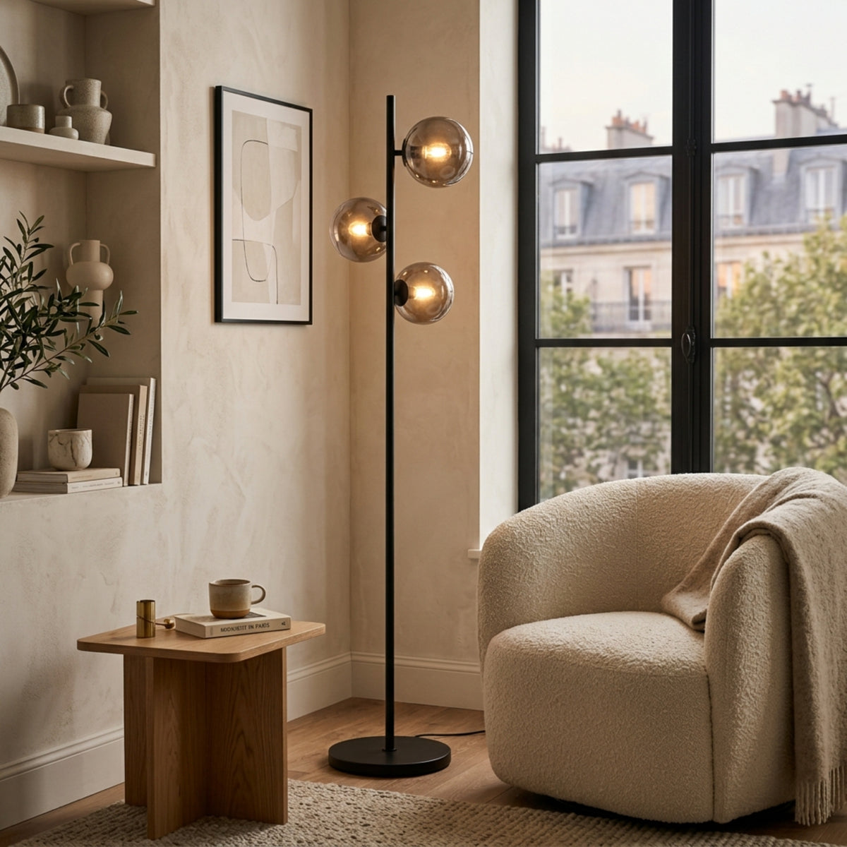 Lampadaire Solal Design 3 Globes Métal & Verre Fumée 162cm - Éclairage Salon